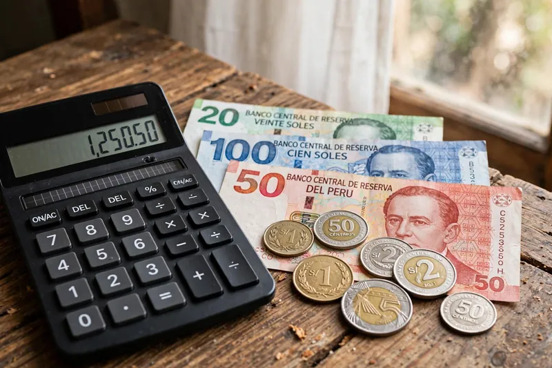 Calculadora IGV del Perú junto a billetes de soles sobre un escritorio