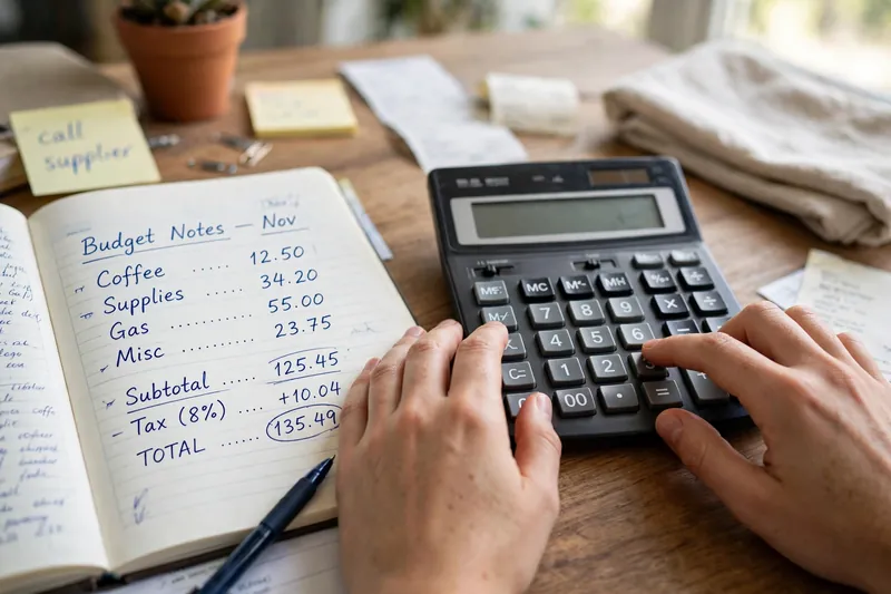 Persona calculando el IGV del Perú con calculadora y cuaderno de cuentas